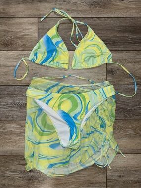 Yellow Blue Green Swirl Bikini Set with Sheer Skirt
